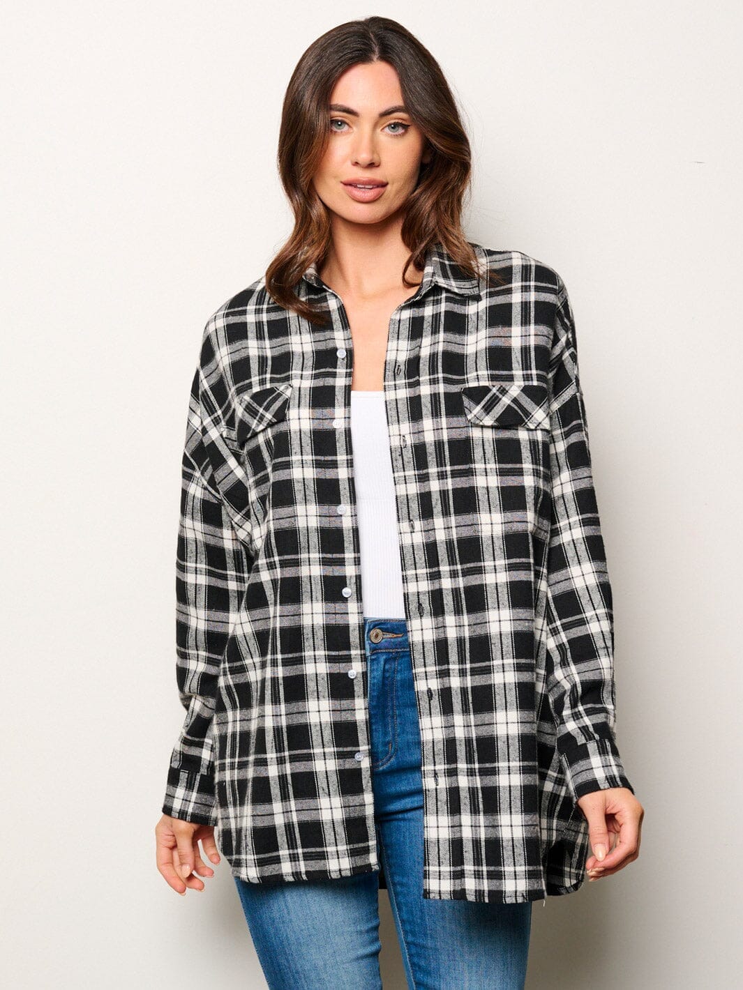 WOMEN'S LONG SLEEVE BUTTON UP OVERSIZED PLAID TOP