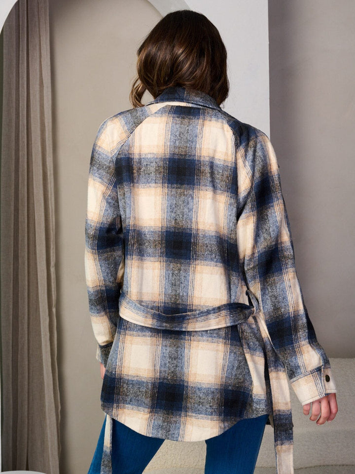 WOMEN'S LONG SLEEVE BUTTON UP SELF TIE POCKETS PLAID JACKET