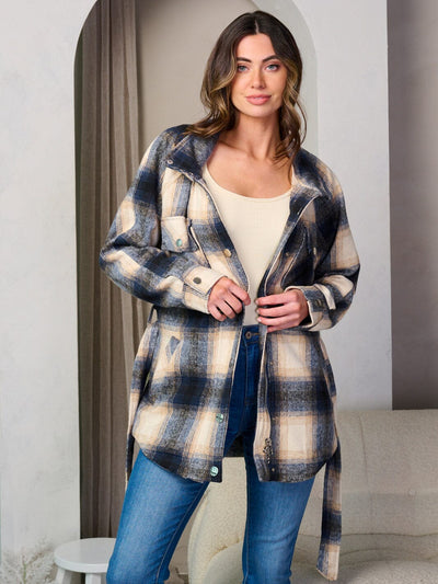 WOMEN'S LONG SLEEVE BUTTON UP SELF TIE POCKETS PLAID JACKET