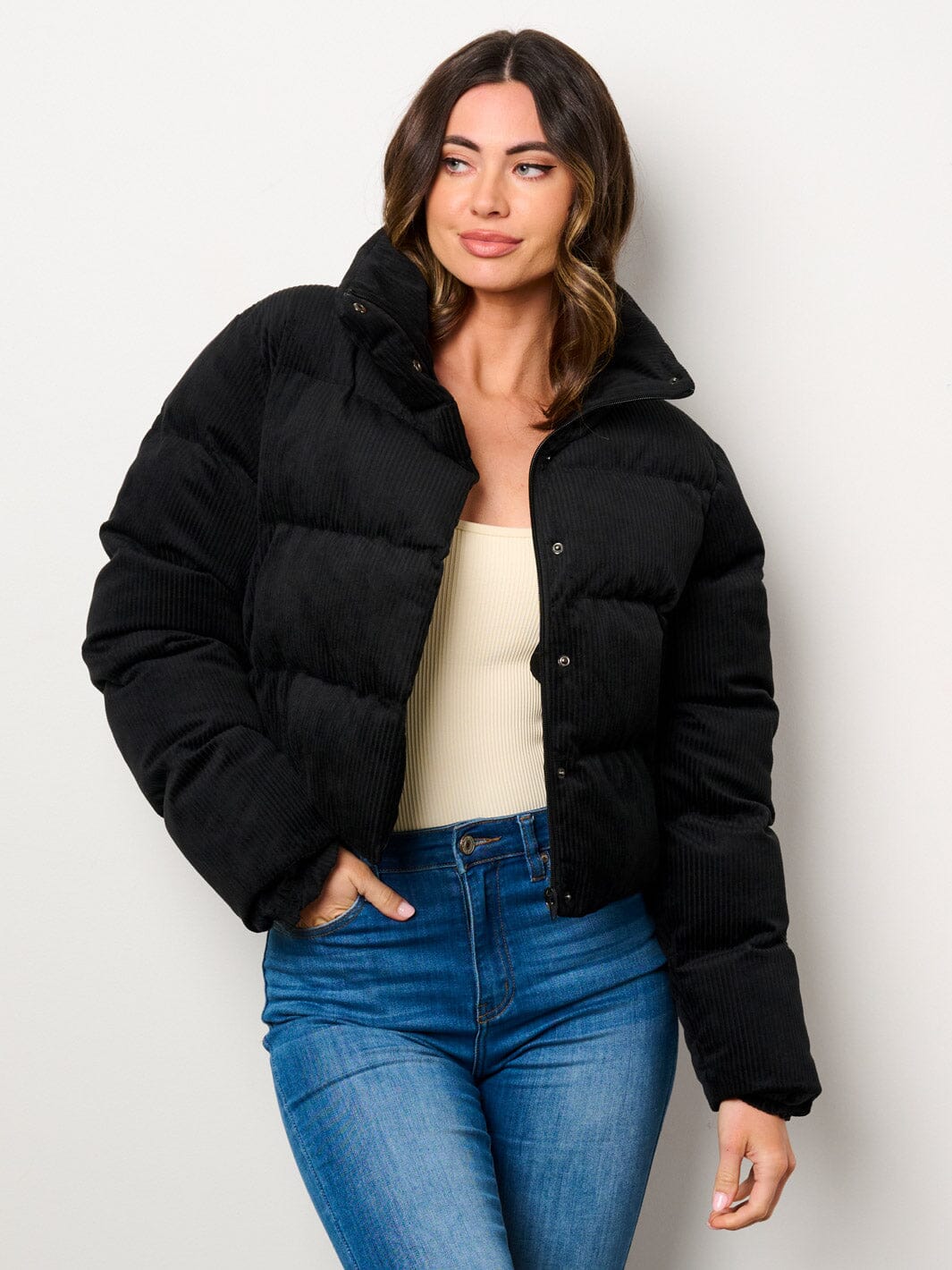 WOMEN'S LONG SLEEVE BUTTON CLOSURE POCKETS PUFFER JACKET