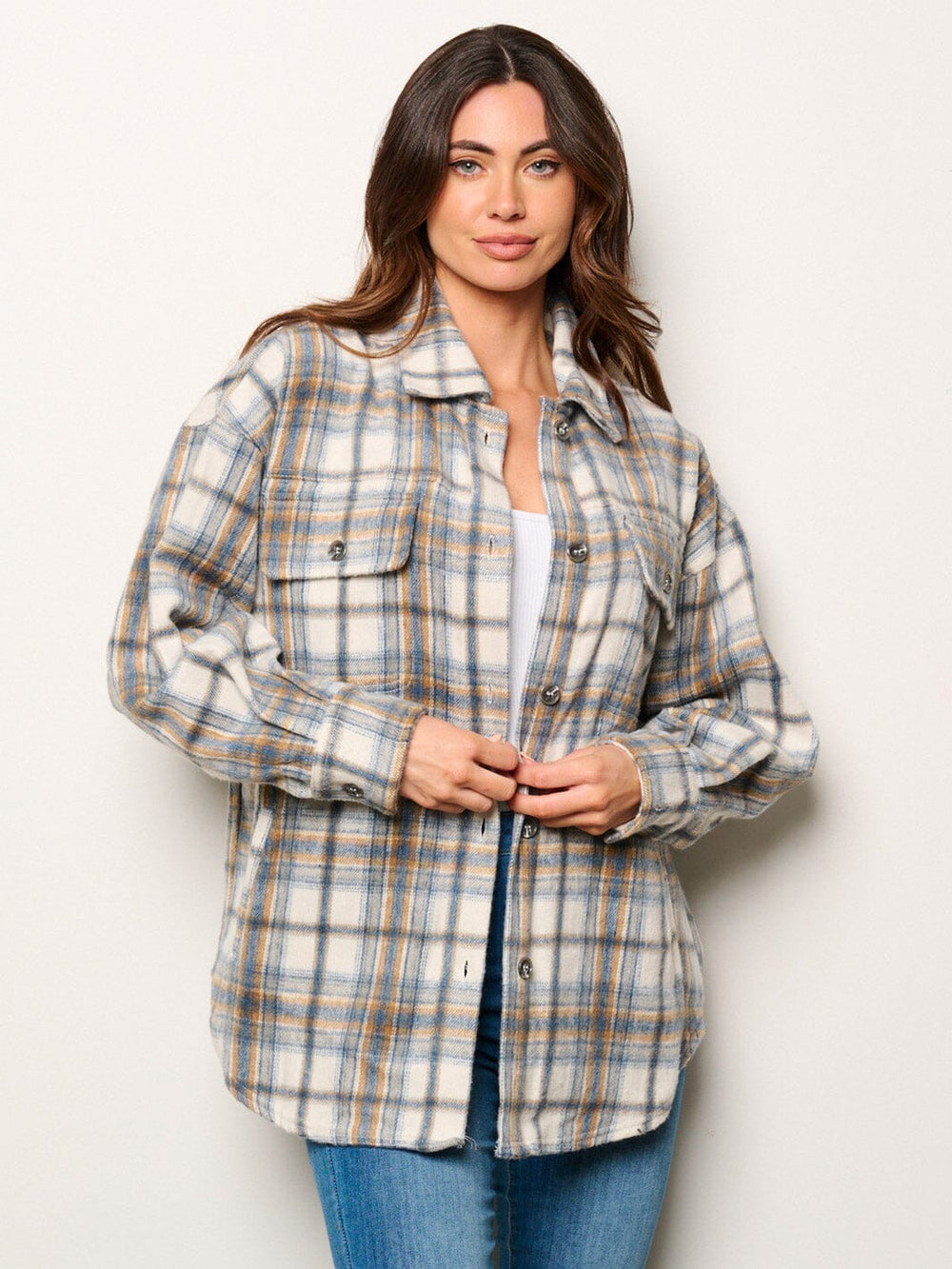 WOMEN'S LONG SLEEVE BUTTON CLOSURE POCKETS PLAID JACKET