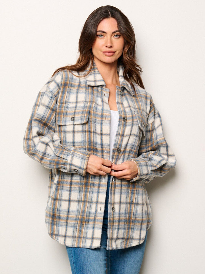 WOMEN'S LONG SLEEVE BUTTON CLOSURE POCKETS PLAID JACKET