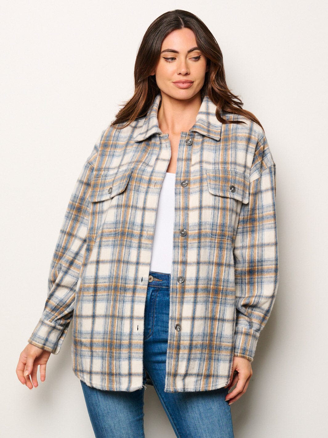 WOMEN'S LONG SLEEVE BUTTON CLOSURE POCKETS PLAID JACKET