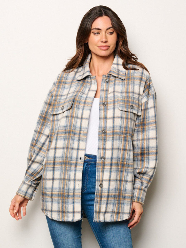 WOMEN'S LONG SLEEVE BUTTON CLOSURE POCKETS PLAID JACKET