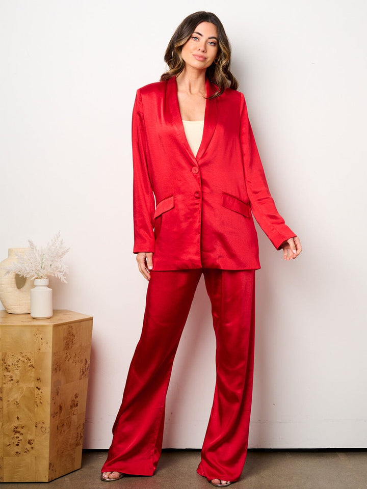 WOMEN'S LONG SLEEVE BLAZER & WIDE LEG PANTS SATIN 2PC. SET