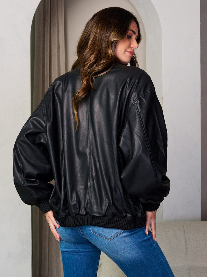 WOMEN'S LONG SLEEVE ZIP UP PU PLEATHER JACKET