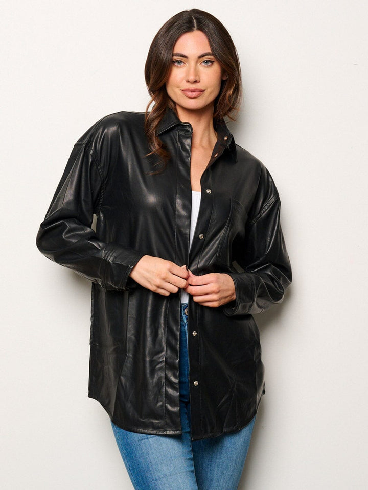 WOMEN'S LONG SLEEVE BUTTON UP PU PLEATHER TOP