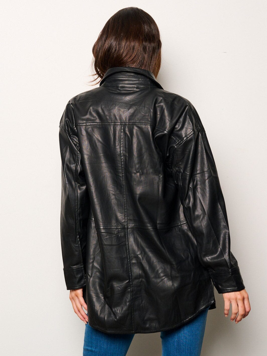 WOMEN'S LONG SLEEVE BUTTON UP PU PLEATHER TOP