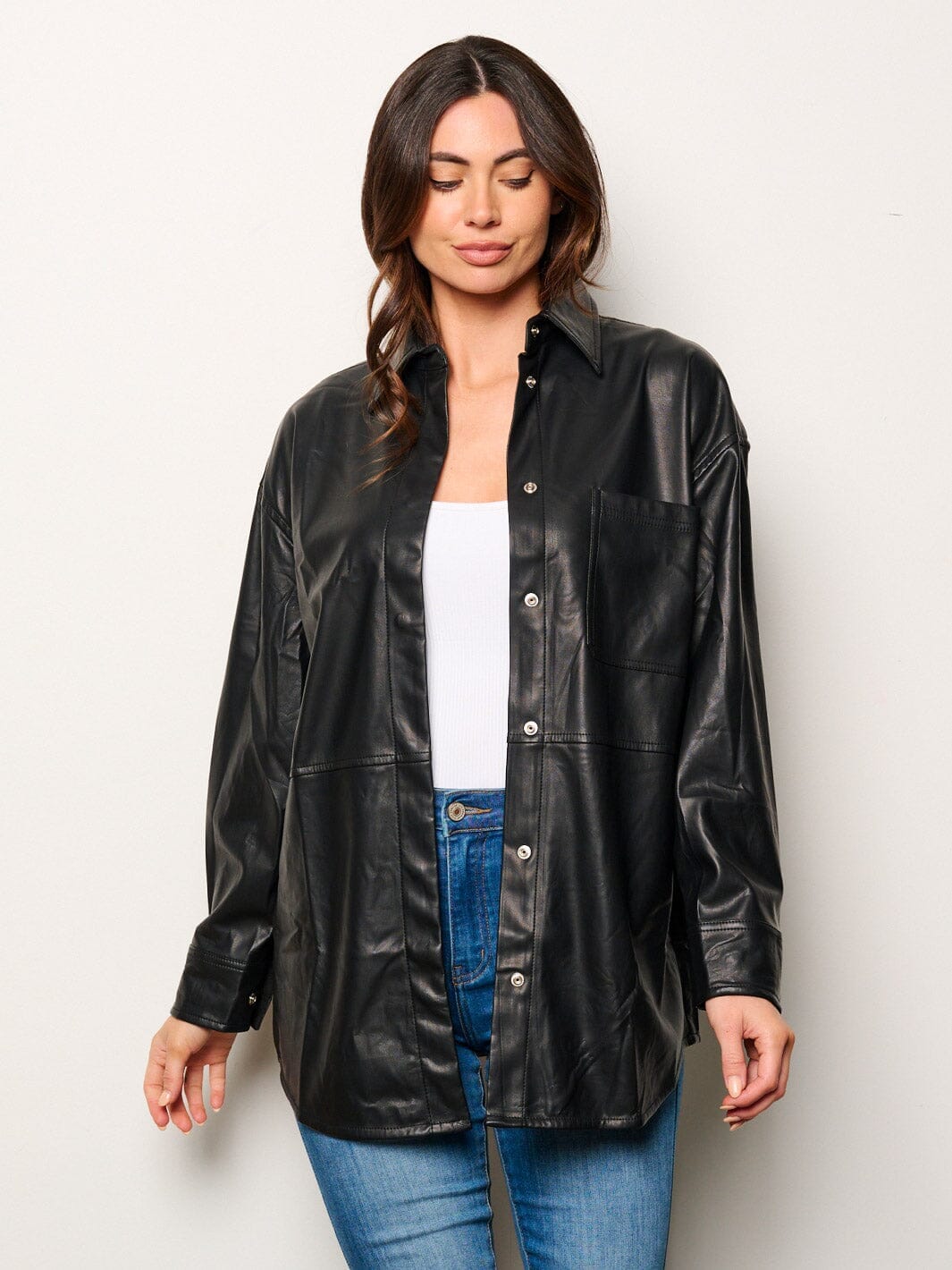 WOMEN'S LONG SLEEVE BUTTON UP PU PLEATHER TOP