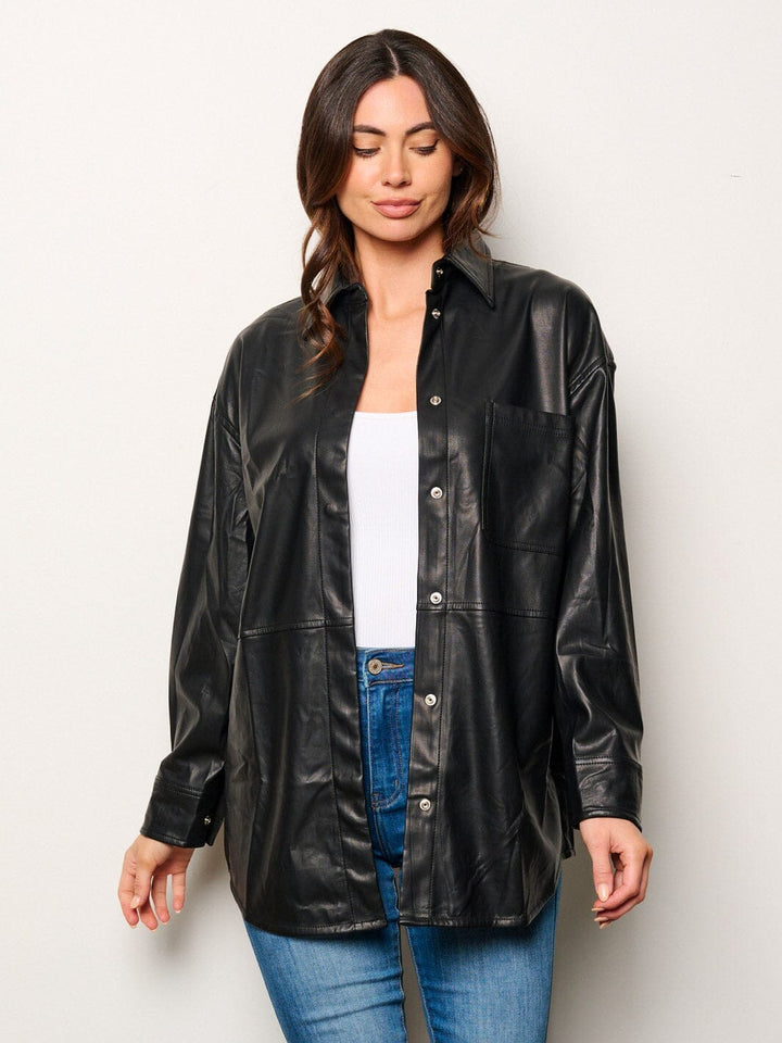 WOMEN'S LONG SLEEVE BUTTON UP PU PLEATHER TOP