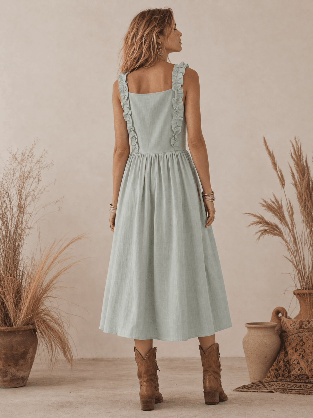 WOMEN'S SLEEVELESS SQUARE NECK RUFFLE FRONT POCKETS MAXI DRESS