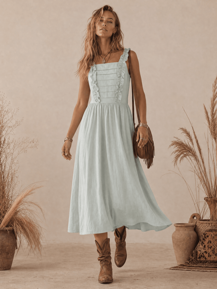 WOMEN'S SLEEVELESS SQUARE NECK RUFFLE FRONT POCKETS MAXI DRESS