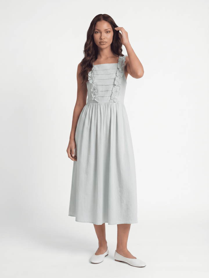 WOMEN'S SLEEVELESS SQUARE NECK RUFFLE FRONT POCKETS MAXI DRESS