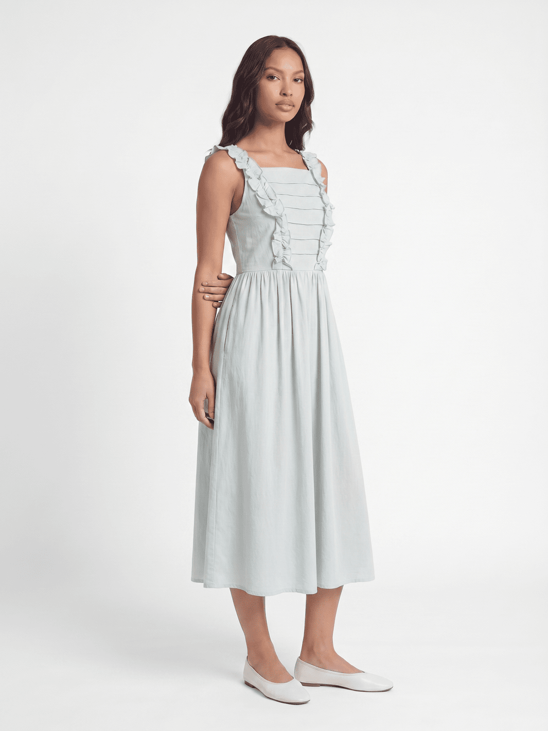 WOMEN'S SLEEVELESS SQUARE NECK RUFFLE FRONT POCKETS MAXI DRESS