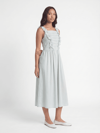 WOMEN'S SLEEVELESS SQUARE NECK RUFFLE FRONT POCKETS MAXI DRESS