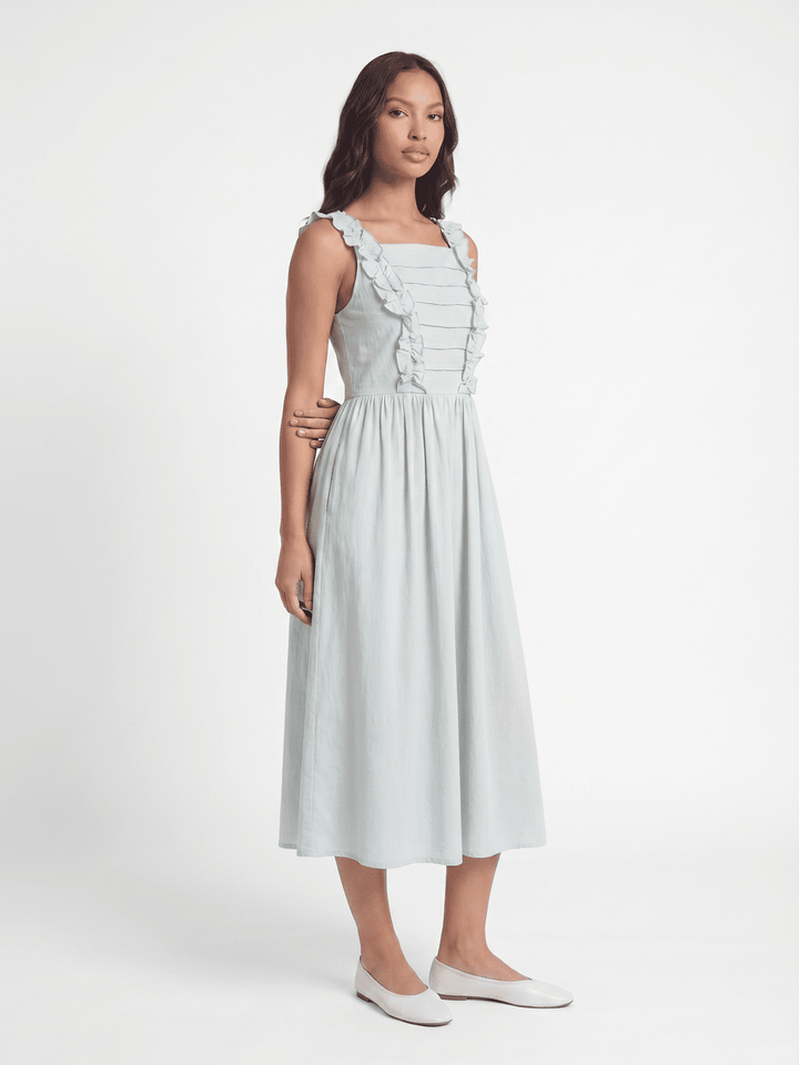 WOMEN'S SLEEVELESS SQUARE NECK RUFFLE FRONT POCKETS MAXI DRESS