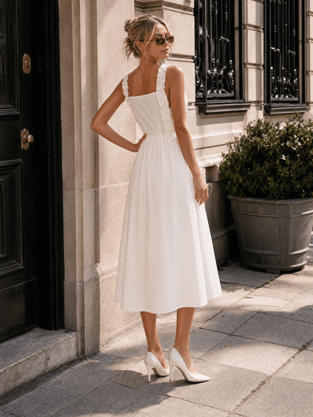 WOMEN'S SLEEVELESS SQUARE NECK RUFFLE FRONT POCKETS MAXI DRESS