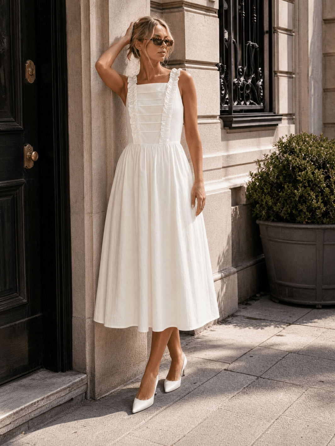 WOMEN'S SLEEVELESS SQUARE NECK RUFFLE FRONT POCKETS MAXI DRESS