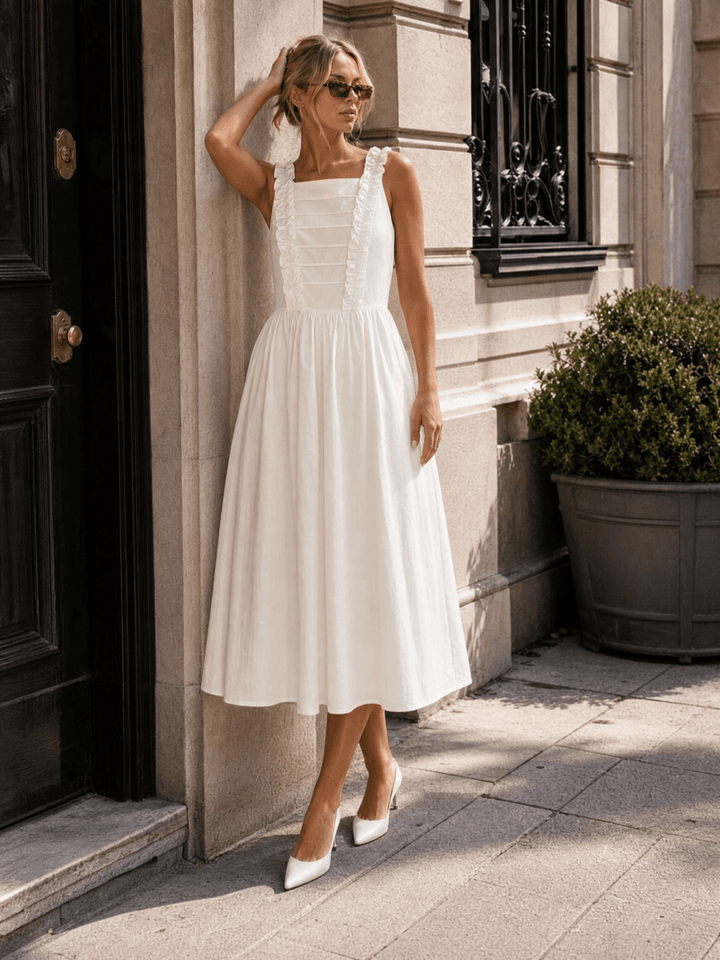 WOMEN'S SLEEVELESS SQUARE NECK RUFFLE FRONT POCKETS MAXI DRESS