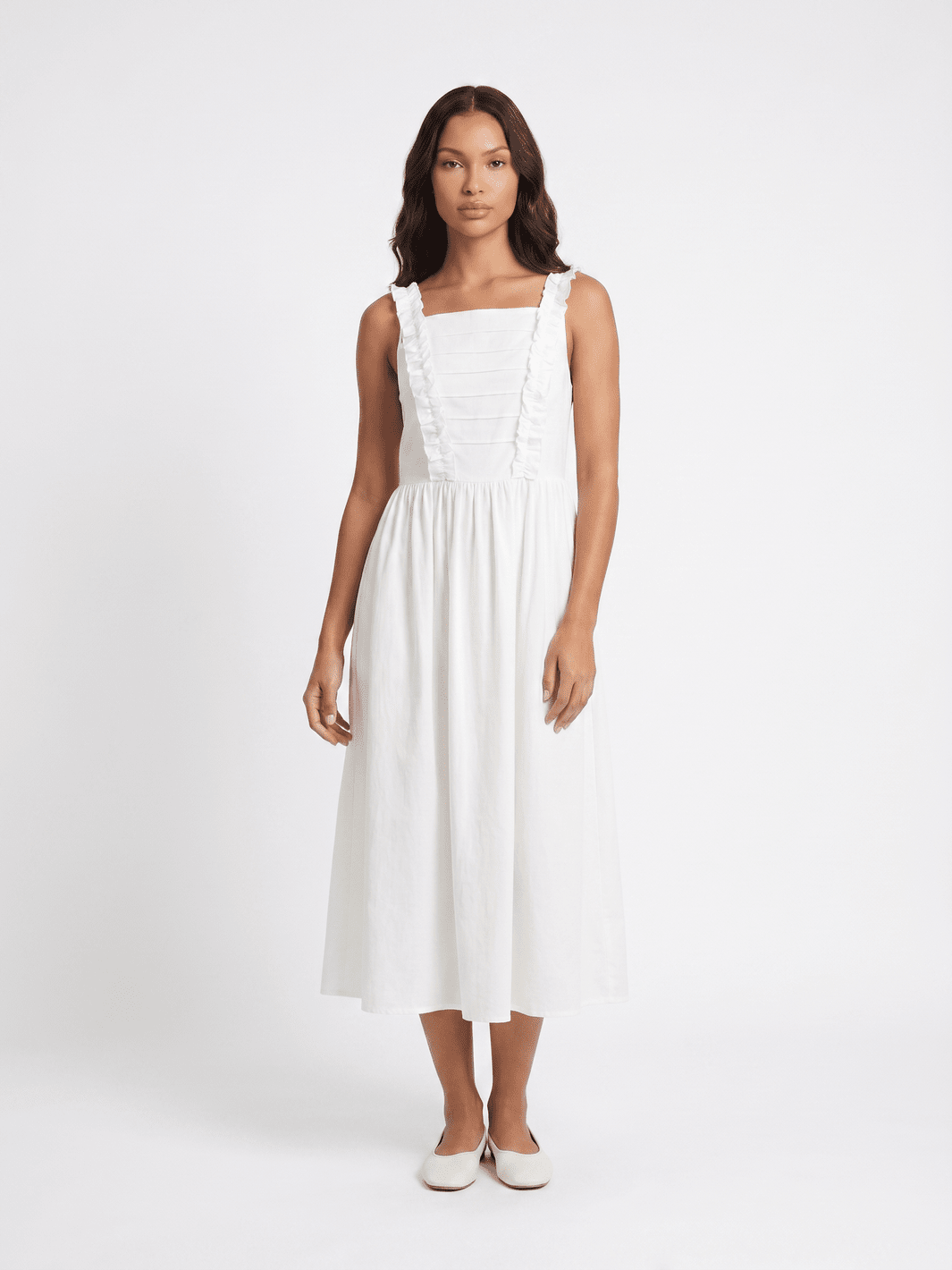 WOMEN'S SLEEVELESS SQUARE NECK RUFFLE FRONT POCKETS MAXI DRESS