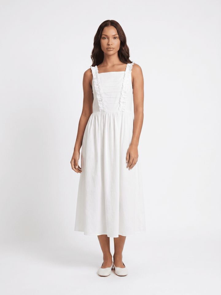 WOMEN'S SLEEVELESS SQUARE NECK RUFFLE FRONT POCKETS MAXI DRESS