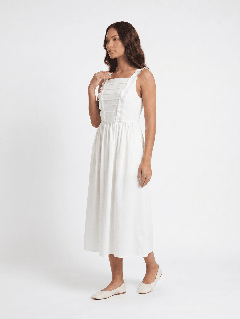 WOMEN'S SLEEVELESS SQUARE NECK RUFFLE FRONT POCKETS MAXI DRESS