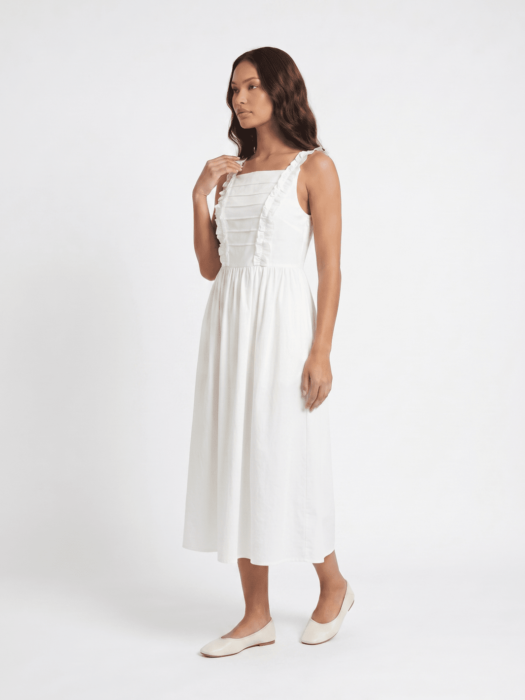 WOMEN'S SLEEVELESS SQUARE NECK RUFFLE FRONT POCKETS MAXI DRESS