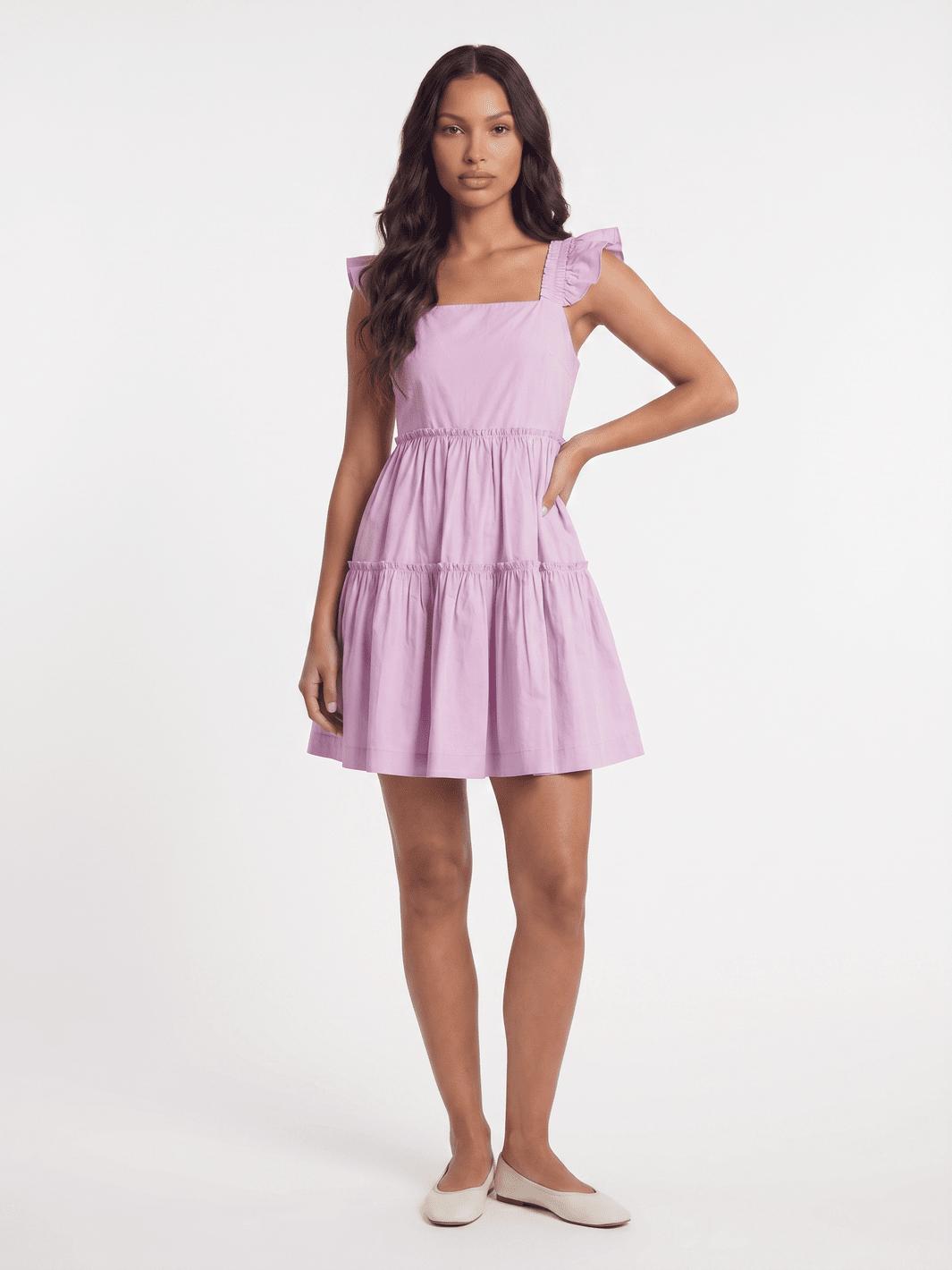 WOMEN'S SLEEVELESS SQUARE NECK FRONT POCKETS TIERED MINI DRESS