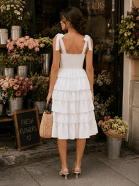 ***************WOMEN'S SLEEVELESS SQUARE NECK SMOCK TIERED RUFFLE EYELET MIDI DRESS