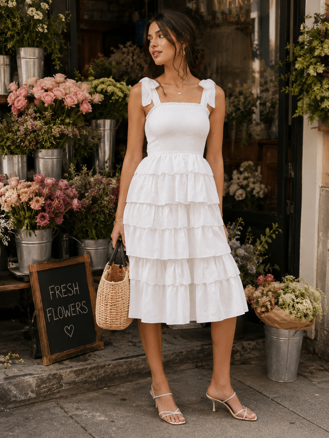 ***************WOMEN'S SLEEVELESS SQUARE NECK SMOCK TIERED RUFFLE EYELET MIDI DRESS