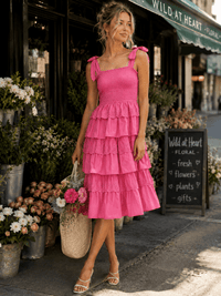 WOMEN'S SLEEVELESS SQUARE NECK SMOCK TIERED RUFFLE EYELET MIDI DRESS