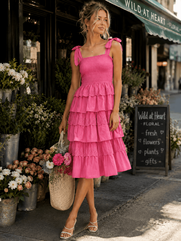 WOMEN'S SLEEVELESS SQUARE NECK SMOCK TIERED RUFFLE EYELET MIDI DRESS
