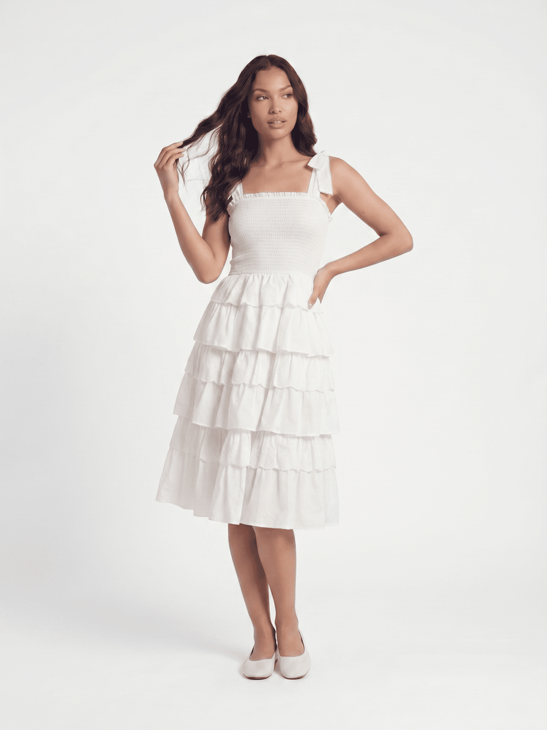 ***************WOMEN'S SLEEVELESS SQUARE NECK SMOCK TIERED RUFFLE EYELET MIDI DRESS