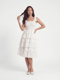 ***************WOMEN'S SLEEVELESS SQUARE NECK SMOCK TIERED RUFFLE EYELET MIDI DRESS