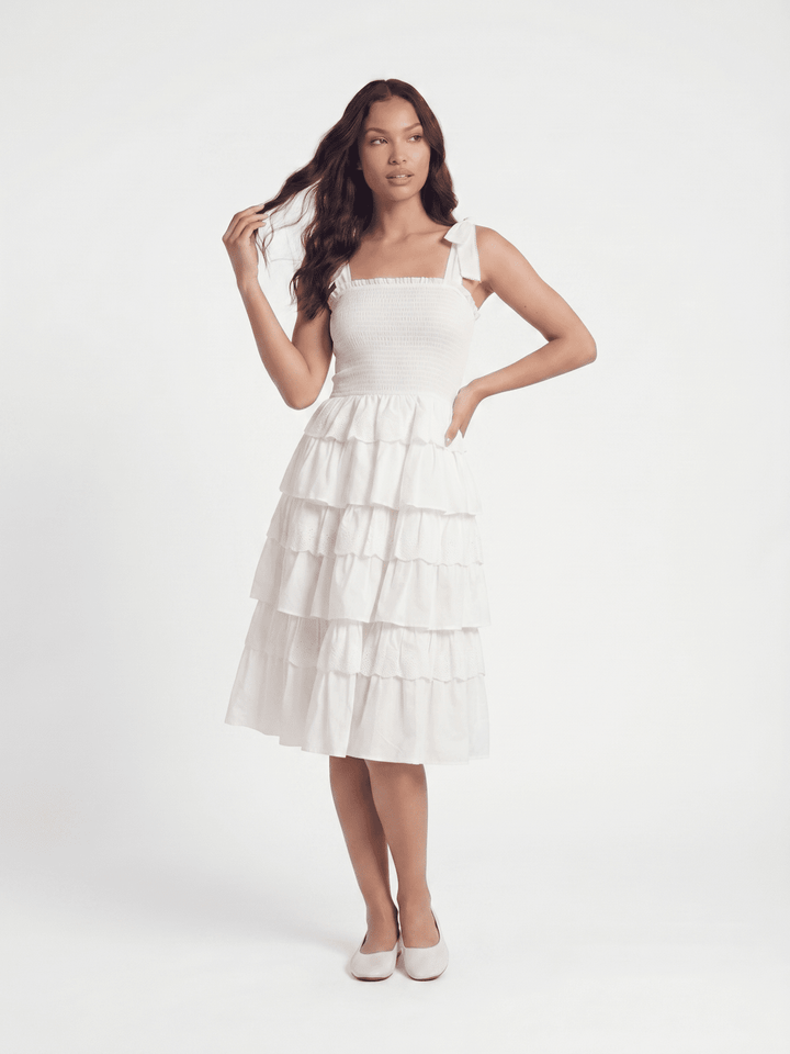 ***************WOMEN'S SLEEVELESS SQUARE NECK SMOCK TIERED RUFFLE EYELET MIDI DRESS