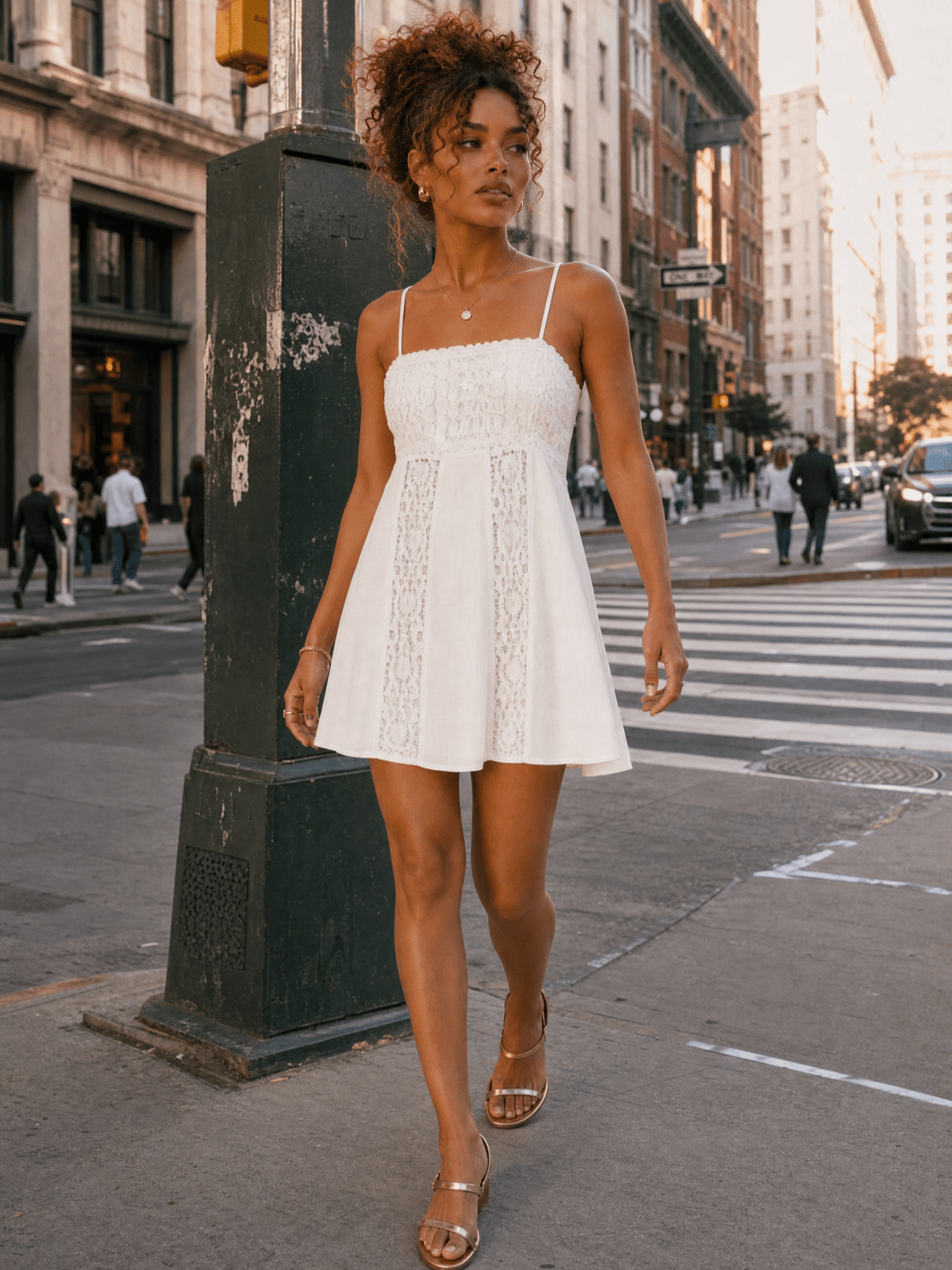 WOMEN'S SLEEVELESS FIT & FLARE CROCHET CONTRAST MINI DRESS