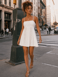 WOMEN'S SLEEVELESS FIT & FLARE CROCHET CONTRAST MINI DRESS