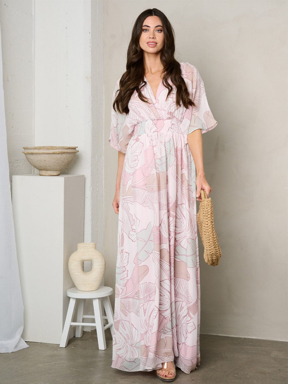 WOMEN'S SHORT SLEEVE SURPLICE SMOCK WAIST MAXI DRESS