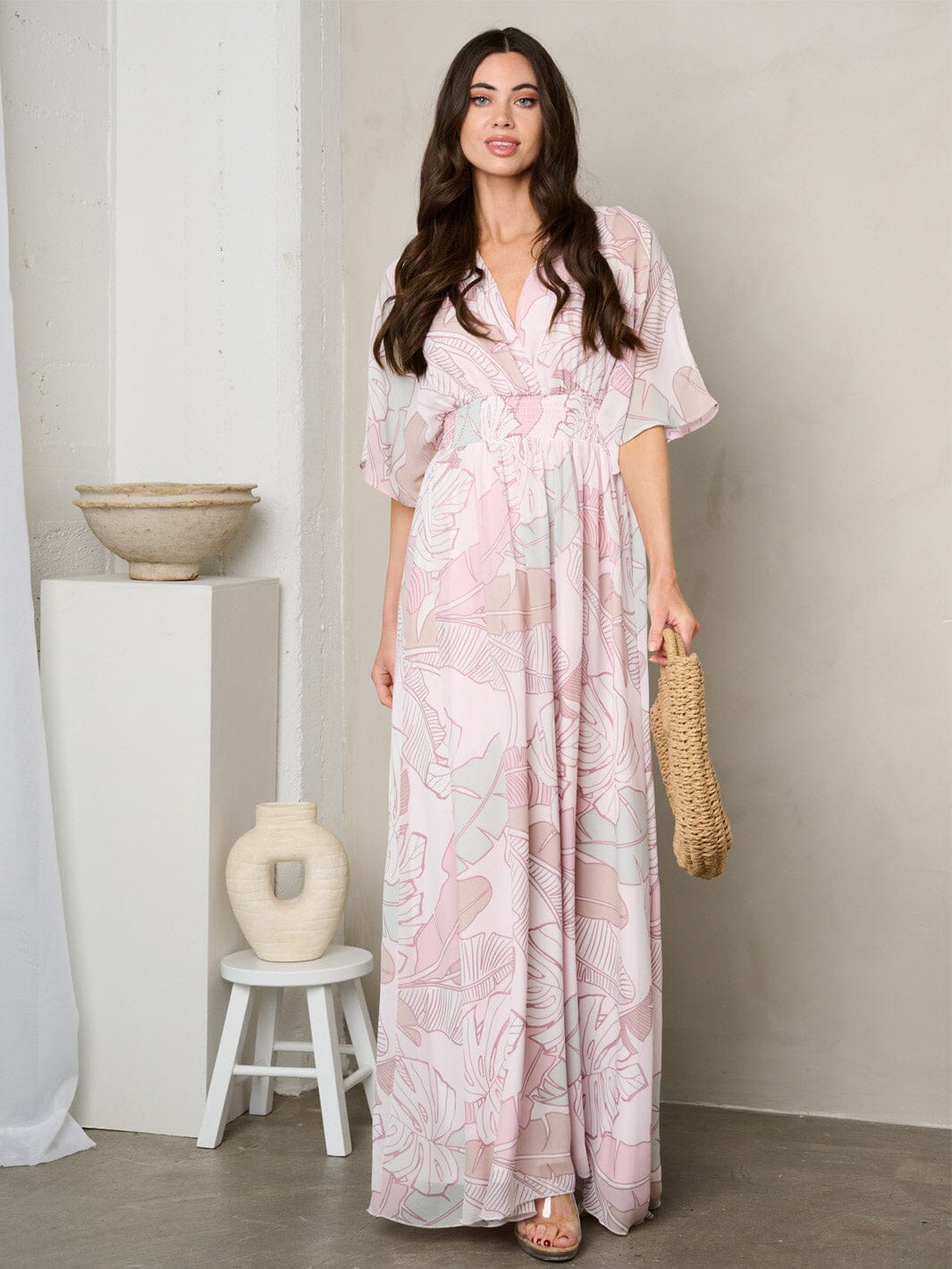 WOMEN'S SHORT SLEEVE SURPLICE SMOCK WAIST MAXI DRESS