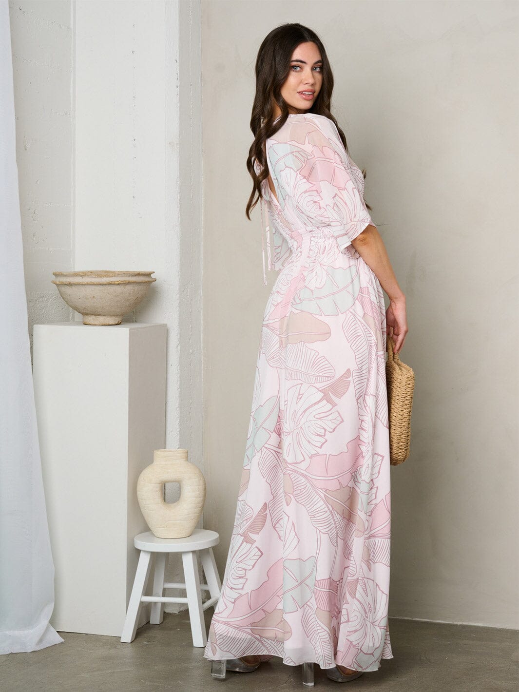 WOMEN'S SHORT SLEEVE SURPLICE SMOCK WAIST MAXI DRESS