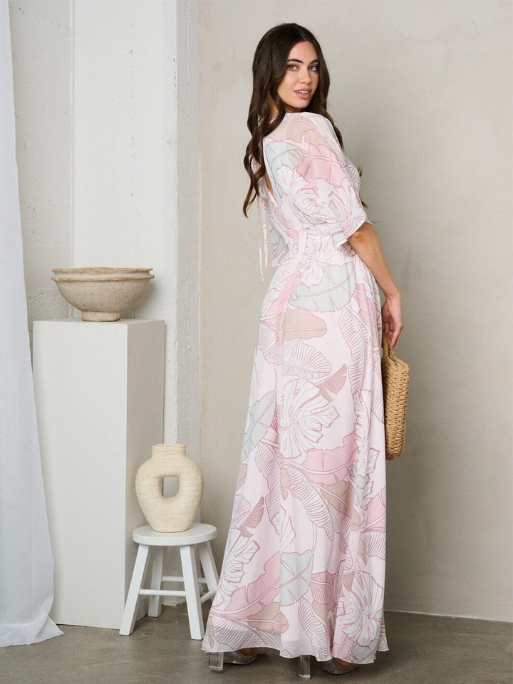 WOMEN'S SHORT SLEEVE SURPLICE SMOCK WAIST MAXI DRESS