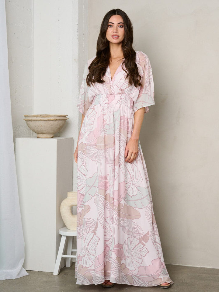 WOMEN'S SHORT SLEEVE SURPLICE SMOCK WAIST MAXI DRESS