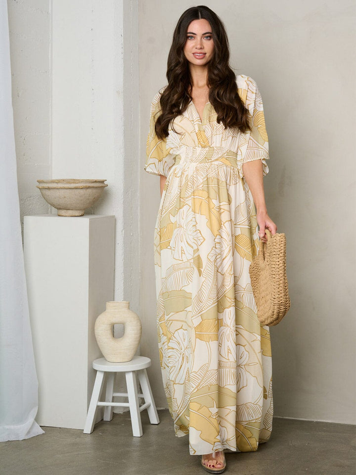 WOMEN'S SHORT SLEEVE SURPLICE SMOCK WAIST MAXI DRESS