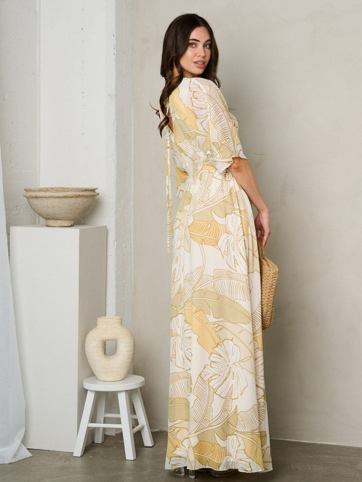 WOMEN'S SHORT SLEEVE SURPLICE SMOCK WAIST MAXI DRESS