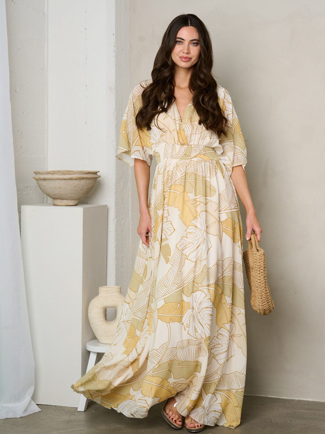 WOMEN'S SHORT SLEEVE SURPLICE SMOCK WAIST MAXI DRESS