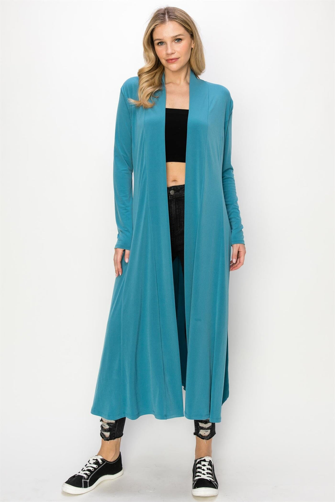 WOMEN'S LONG SLEEVE OPEN FRONT SELF TIE SOLID CARDIGAN