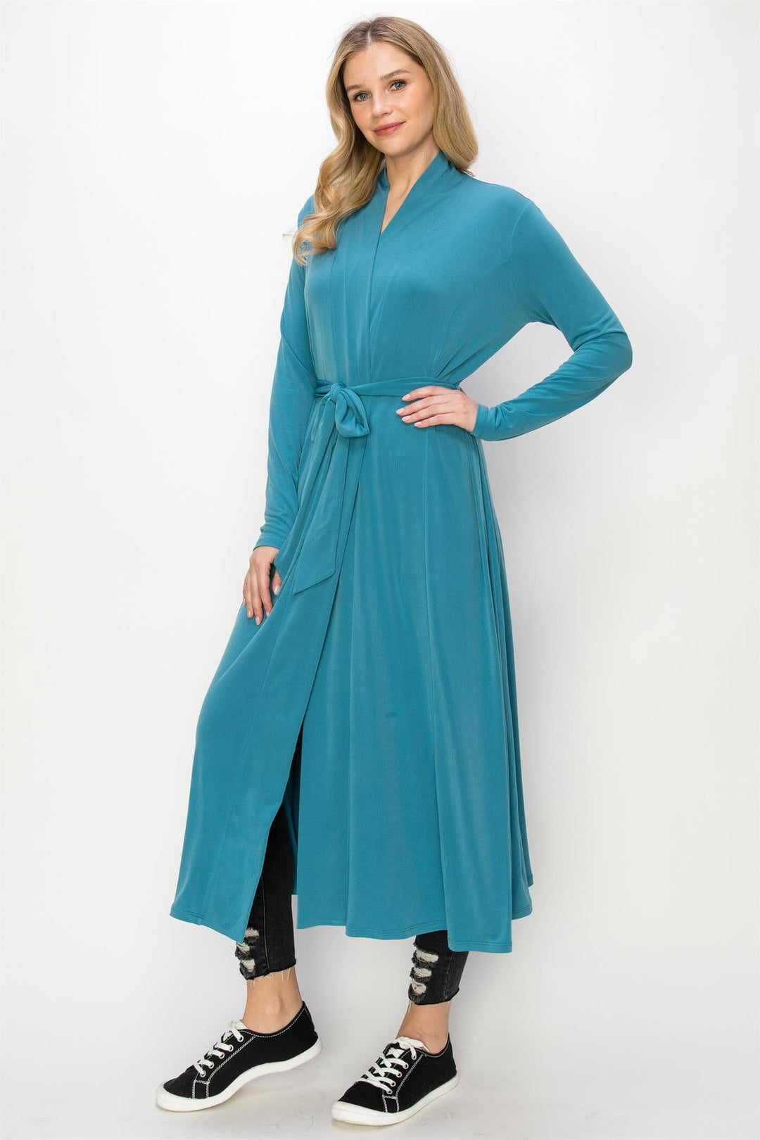 WOMEN'S LONG SLEEVE OPEN FRONT SELF TIE SOLID CARDIGAN