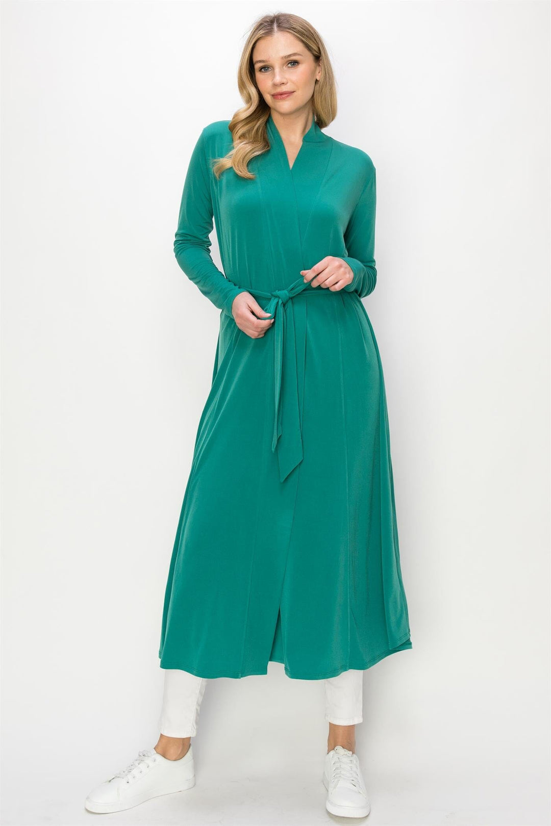 WOMEN'S LONG SLEEVE OPEN FRONT SELF TIE SOLID CARDIGAN