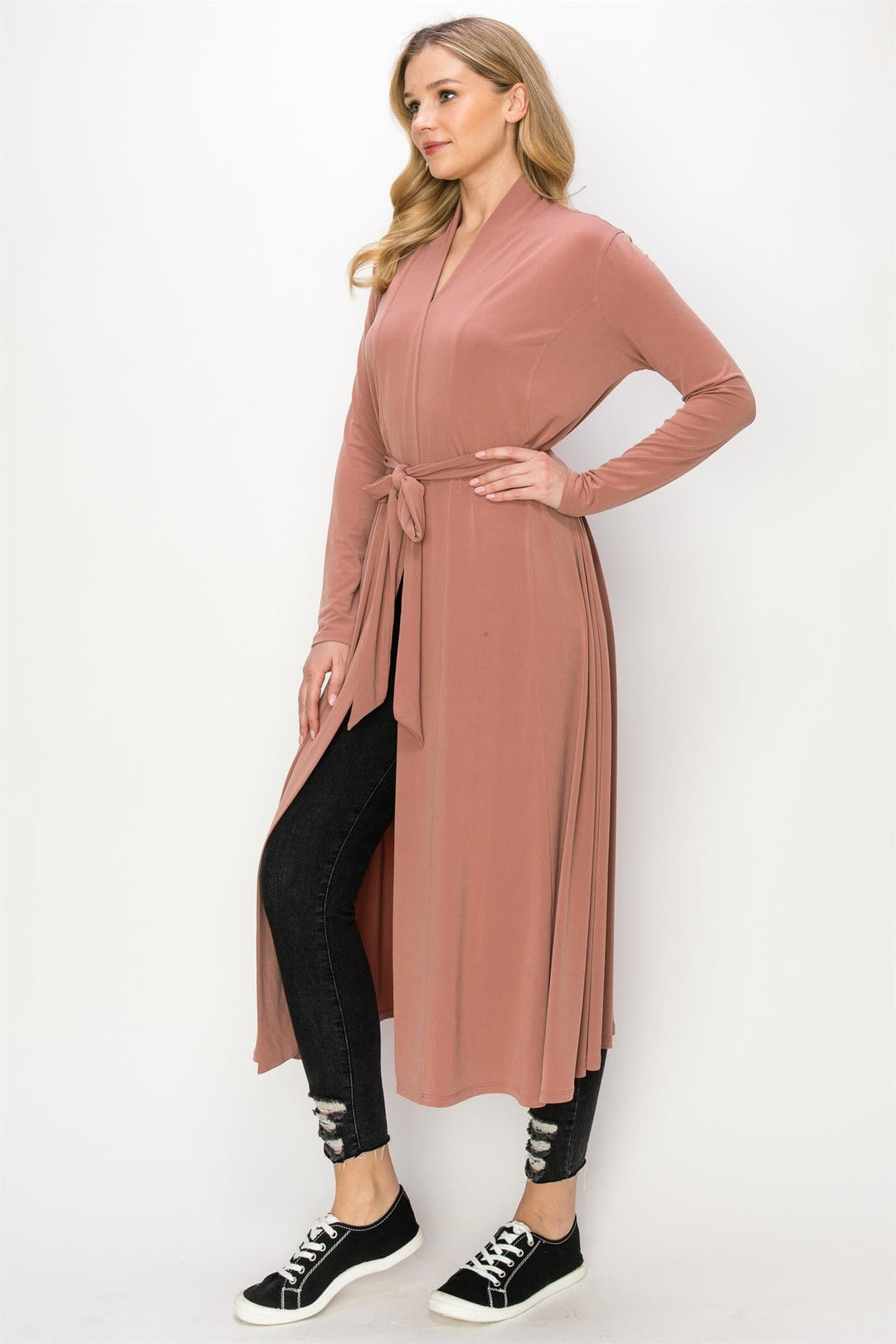 WOMEN'S LONG SLEEVE OPEN FRONT SELF TIE SOLID CARDIGAN