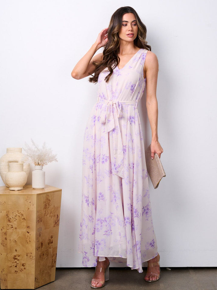 WOMEN'S SLEEVELESS V-NECK SELF TIE FLORAL MAXI DRESS